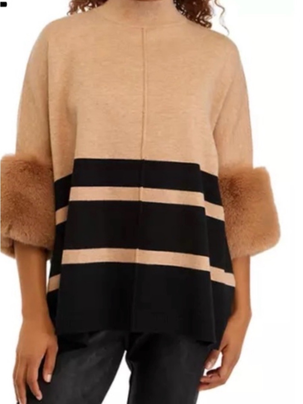 Philosophy Two-Tone Tan and Black Striped Sweater with Faux Fur Cuffs